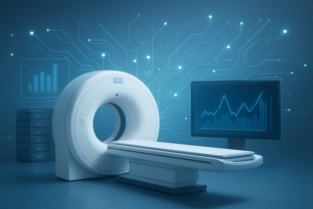 A modern medical imaging machine with a digital monitor displaying data and graphs