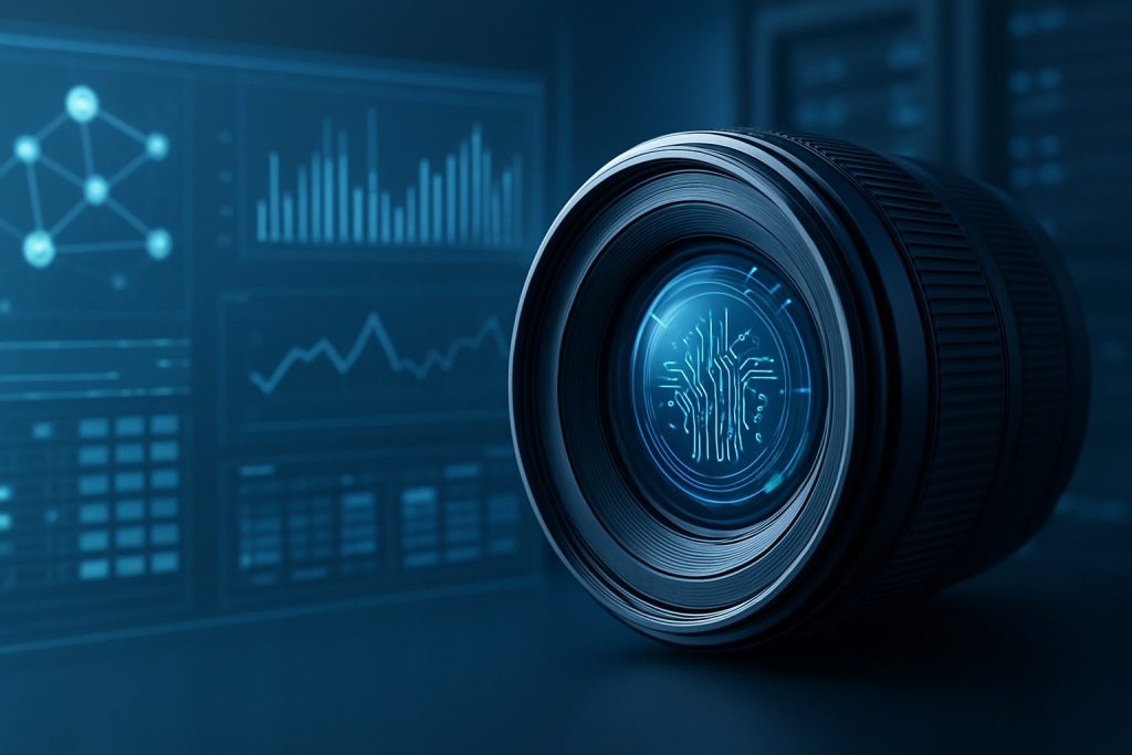 Close-up of a camera lens with a digital circuit pattern inside, set against a blurred tech background.