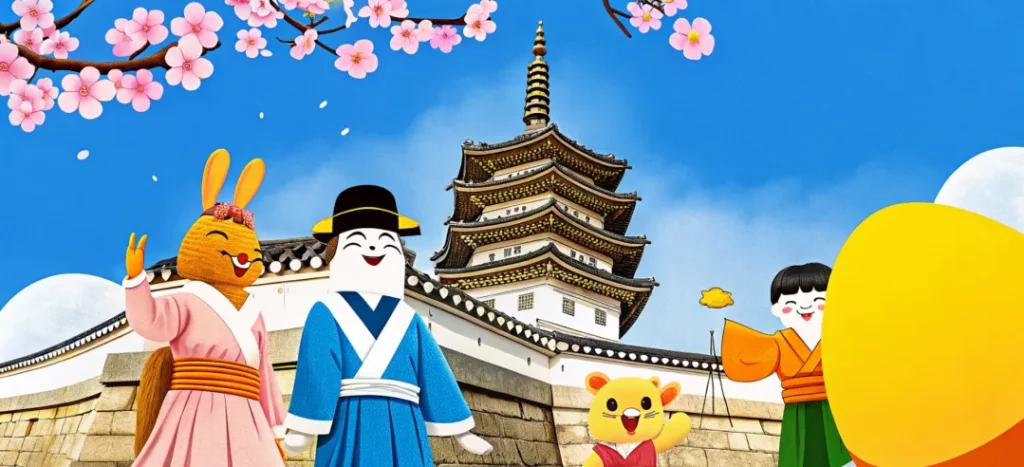 Cartoon characters in traditional Korean attire with a pagoda in the background and cherry blossoms.